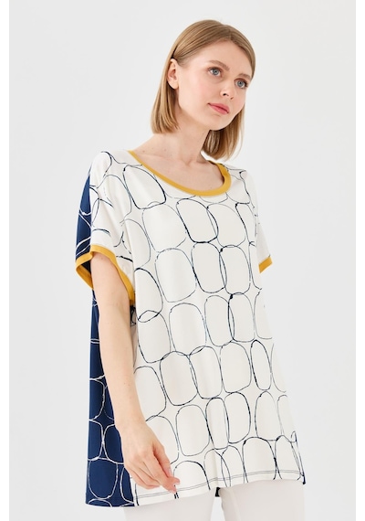 Kadın Yakası Ve Kolu Sarı Bantlı Penye T-shirt Laci/ekru Lacivert