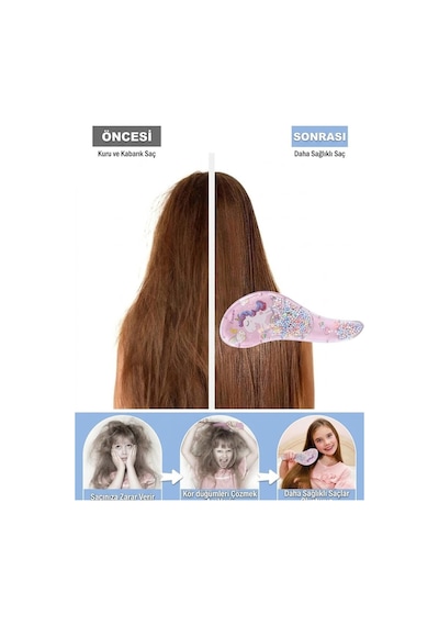 Unicorn Tasarımlı 3'lü Saç Fırçası Ve Tarak Seti - Şeffaf Boncuklu Sihirli Kolay Tarama Fırçası Pembe