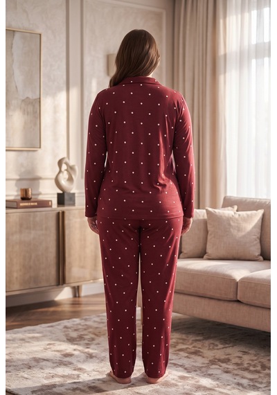 Seboteks Süet Kumaş Önden Düğmeli Büyük Beden Kadın Pijama Takımı 2800 Bordo