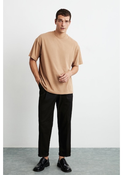 Grımelange Jett Erkek Oversize Fit %100 Organik Pamuk Kalın Dokulu Bisiklet Yakalı Kahverengi T-shirt Kahverengi