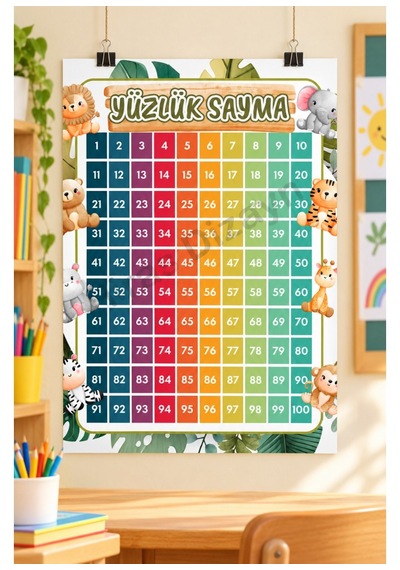 Hiras Dizayn Yüzlük Sayma Eğitici Afiş A3, 30 42 Cm