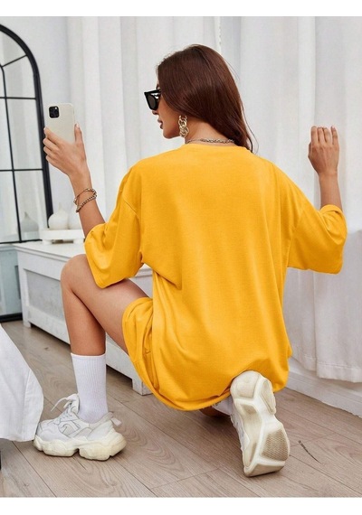 Cep Detay Baskılı T-shirt - Sarı Oversize Bisiklet Yaka Kısa Kol Sari