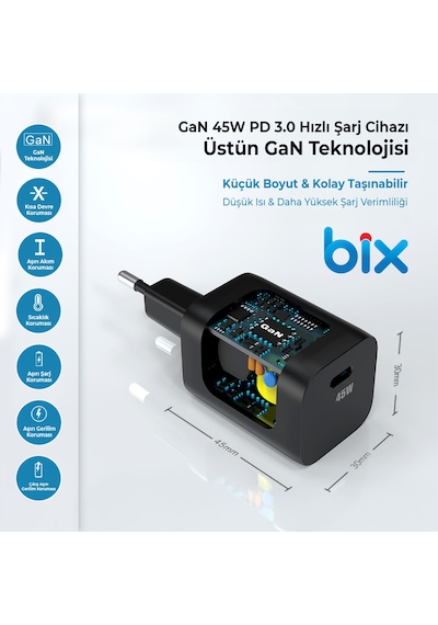 Bix Bx45g Gan Type-c Pd 45w Pps Mini Hızlı Şarj Cihazı Siyah