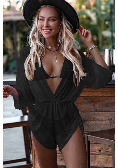 Angelsin Şifon Pareo Plaj Elbesi Cover Up Kimono Siyah 001
