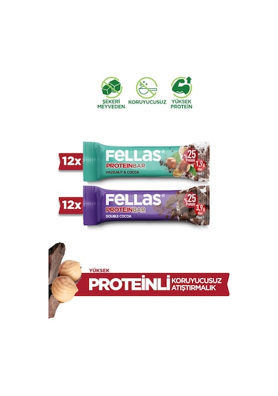 Fellas Protein Bar 32 G Süper Ikili Kutu 24 Adet - Duble Kakaolu X 12 Adet + Fındıklı X 12 Adet