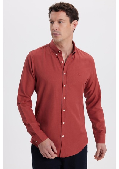 Tudors Erkek Slim Fit Dar Kesim Düz Oxford Armalı Yaka Düğmeli Kiremit Spor Gömlek-42015 Kiremit