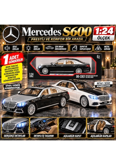 Mercedes S600 Metal 1:24 Ölçek Oyuncak Araba Sesli Işıklı Çek Bırak Makam Aracı 1 Adet