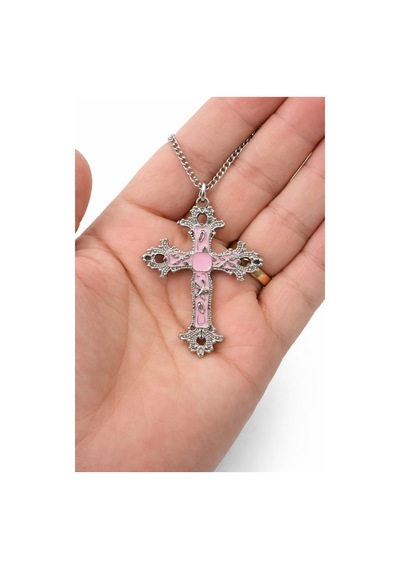 Pembe Detaylı Gotik Haç Kolye Gümüş Renk Zincir Unisex Çok renkli