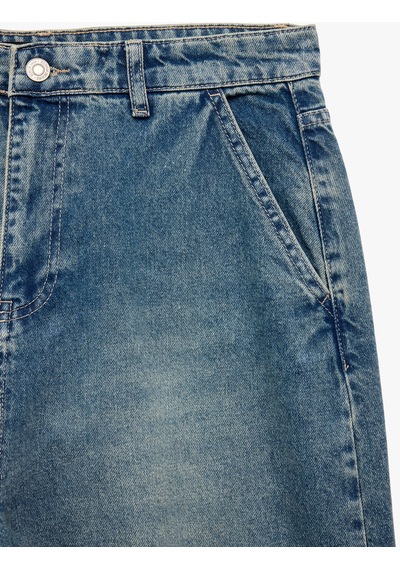 Koton Pamuklu Cepli Oversize Normal Bel Bol Skater Jean Pantolon Orta İndigo 6sam40369nd