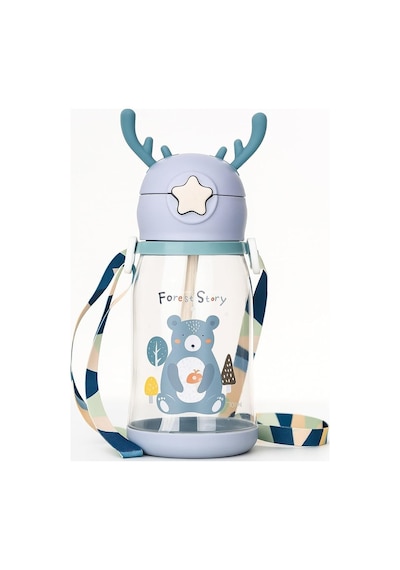 Lexroo Geyik Figürlü Pipetli Su Matarası 700 Ml Askılı Sticker Hediyeli Çocuk Suluk Gıda Sınıfı Çok Renkli