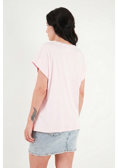Lela Pamuklu Rahat Kalıp Bisiklet Yaka T Shirt Bayan T Shirt 5866955 Pembe