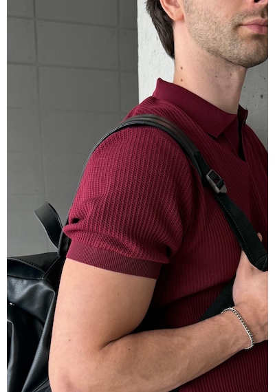 Erkek Petek Desen Polo Yaka Triko T-shirt Bordo