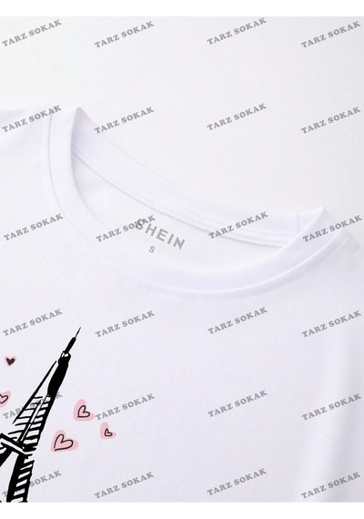 Flood Of Style Crop Ckod-232913 Eyfel Kulesi Ve Mektup Grafikli Beyaz