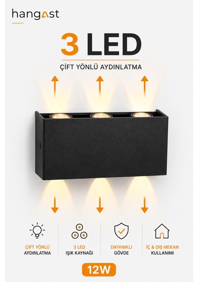 Pilli Gün Işığı 12w 3 Led Çift Yönlü Siyah Duvar Aplik Dekoratif Led Aydınlatma İç Dış Mekan Siyah