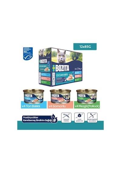Bozita Okyanus Karışımı Ton Balıklı, Somonlu Ve Mezgitli Tahılsız Kedi Konservesi 12x85 Gr