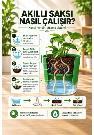 Akıllı Saksı Kendinden Sulamalı Fitilli Modern Dekoratif Saksı 2 Litre 74337910