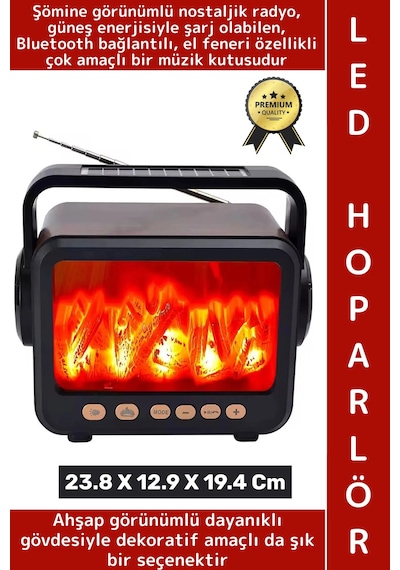 Premium Retro Dekoratif Ahşap Görünüm Led Nostaljik Şömine Tasarımlı Solar Şarjlı Bluetooth Hoparlör