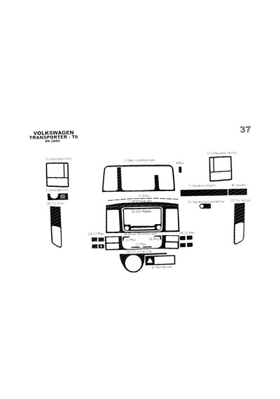 Volkswagen Transporter T6 Torpido Kaplama 2009-2014 37 Parça Siyah Karbon