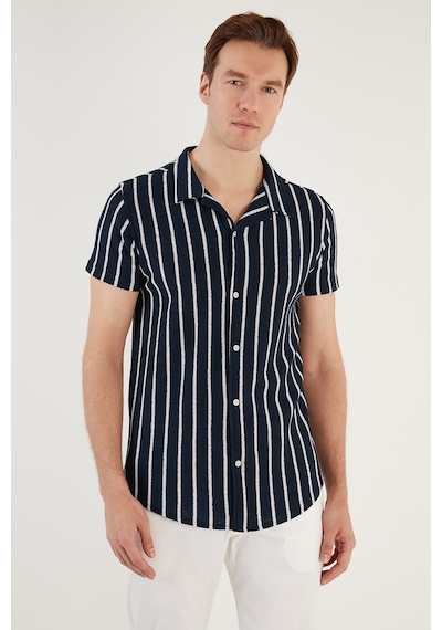 Buratti Çizgili Pamuk Karışımlı Kısa Kollu Apaş Yaka Regular Fit Erkek Gömlek Cf24S117664 Lacivert