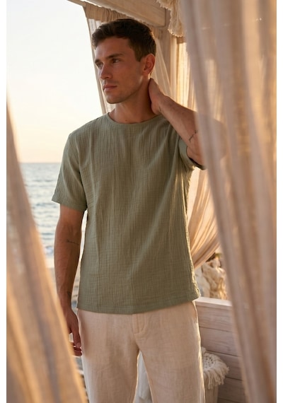Combattente Exclusive Products Kısa Kol Oversize Müslin Erkek Tshirt - 2026 Erkek Tişört Kreasyonu Çağla Yeşili