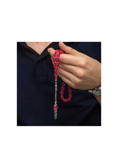 Gümüş Püsküllü Pembe Ateş Kehribar Tesbih Gümüş Gümüş
