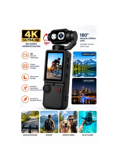 4k Ultra Hd Dijital Kamera 180 Dönen Lens Taşınabilir Video Fotoğraf Kamera 32gb Hafıza Kartı Hediyeli
