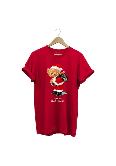 Yılbaşı Yeni Yıl Merry Christmas Sevimli Ayıcık Baskılı %100 Pamuk Regular Fit Kırmızı T-shirt Kırmızı