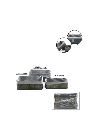 İbico İ22-327 Bambu Kenarlı Dikdörtgen Organizer Sepet 3'lü Set - Gri Bezli Ahşap Altlıklı
