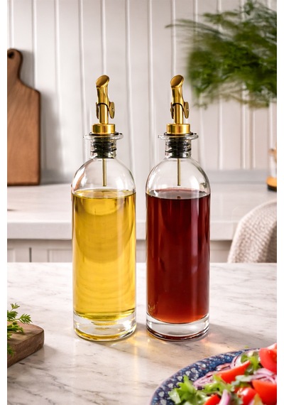 Porsima 3890 Gold Sızdırmaz Kapaklı Cam 2 Li Yağlık Sirkelik Yağdanlık Seti 500+500 Ml Şeffaf-gold