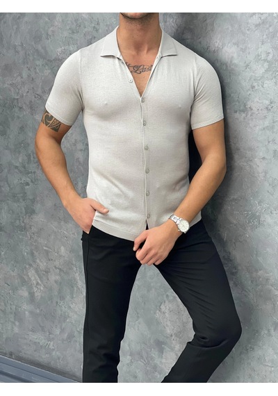 Modefendi Slim Fit Polo Yaka Triko Pamuklu Kısa Kollu Gömlek Gümüş