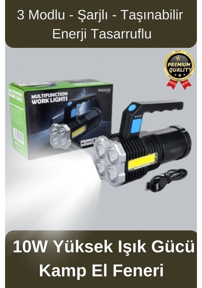 Çok Amaçlı Taşınabilir Enerji Tasarruflu 10w Yüksek Işık Gücünde 3 Modlu Ledli Şarjlı El Kamp Feneri Diğer