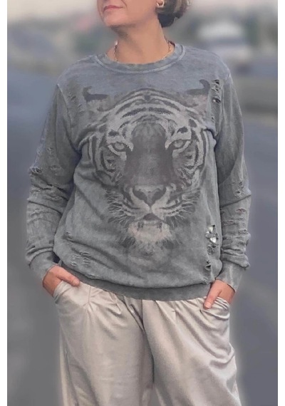 Mia Butik Kadın Gri Kaplan Desenli Sweat Gri