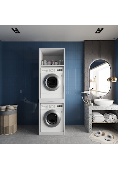 Piramit Çamaşır Ve Kurutma Makinesi Dolabı Banyo Dolabı Beyaz Beyaz