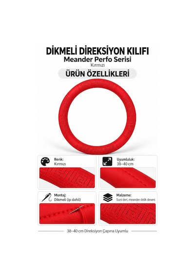 Trobus Jeep Grand Cherokee 2011-2021 Uyumlu Dikmeli Direksiyon Kılıfı Meander Perfo Kırmızı