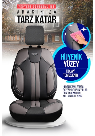 Siyah - Gri Panda Carlone Serisi Ful Deri Oto Koltuk Kılıfı - Tam Set