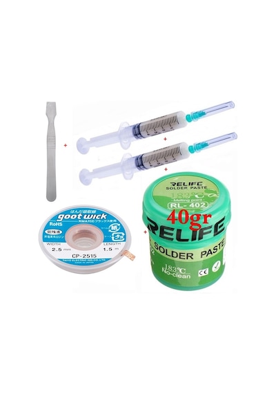 Relıfe Krem Lehim Pasta 183 C 40g Flux Lehim Toplama Cp-2515 Lehim Emme Teli 2,5 Mm Ve Metal Spatula Seti01