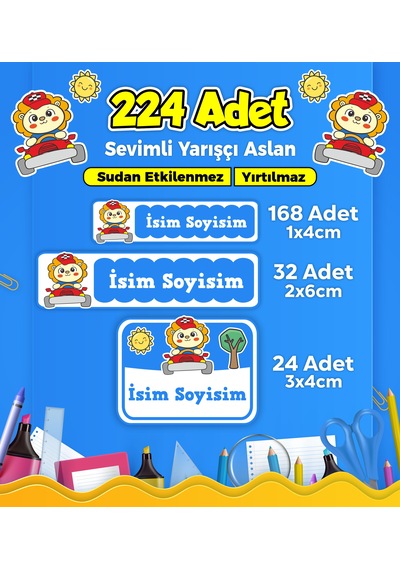 Yarışçı Aslan Temalı Okul Kreş Kişiye Özel İsim Etiket Seti - Model 277 Çok Renkli