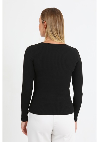 Hdm Kadın Siyah Uzun Kollu Fitilli Patlı Çıtçıtlı Basic Örme Bluz - H6172