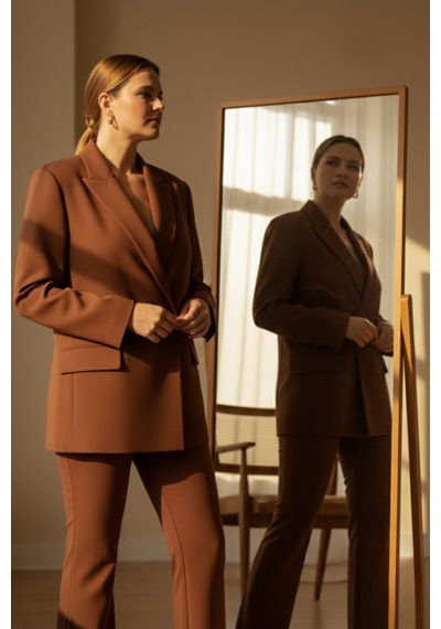 Hanezza Çift Düğmeli Blazer Ceket Plus Size Kiremit - 789093682 Kiremit