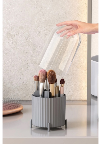 Maxi Home Zebra Makyaj Organizer Kapaklı Masaüstü Kozmetik Düzenleyici Gri