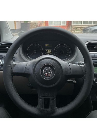 Dikişli Direksiyon Kılıfı Siyah Deri Siyah Dikişli Volkswagen Polo İçin Siyah