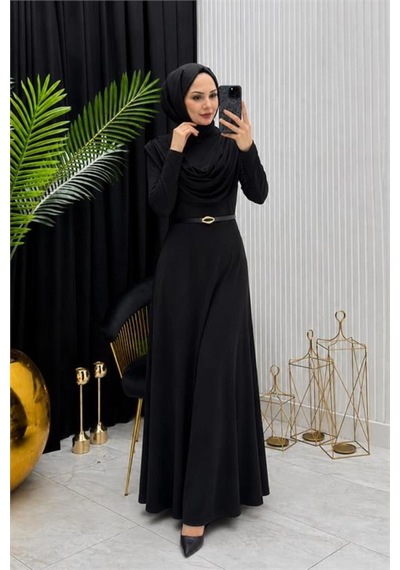 Neşeli Butik Kadın Siyah Sandy Kumaş Degaje Yaka Kemer Detaylı Tesettür Elbise---- Nms096