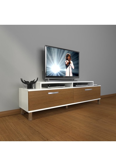 Decoraktiv Ekoflex 4 Slm Krom Ayaklı Tv Ünitesi Tv Sehpası Beyaz - Ceviz