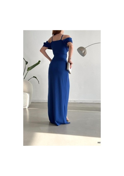 DefyModa Kadın Minimal Krep Kumaş V Yaka Yırtmaçlı Abiye Elbise Saks