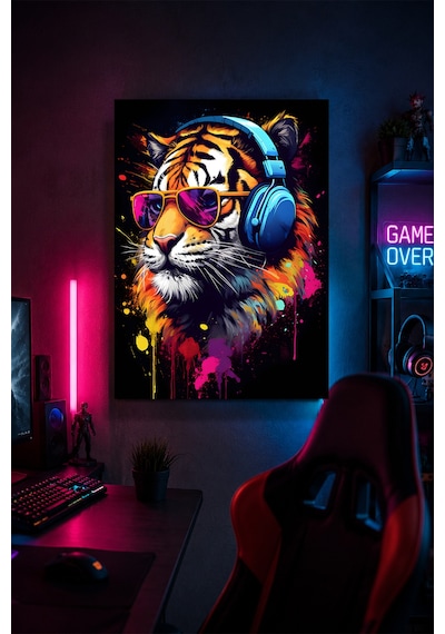 Gaming Kaplan Metal Duvar Tablosu Kulaklıklı Gözlüklü Gamer Oda Dekoru 30x40 Cm A3 Boyutunda