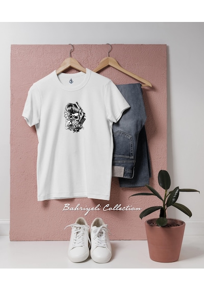 Bahriyeli Collection Oversize Greaser Kuru Kafa Tasarımlı Unisex T-shirt Beyaz