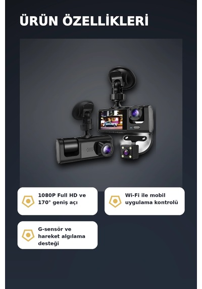 1080p Full Hd 3 Kameralı Wi-fi Araç İçi Yol Kayıt Kamerası Seti 170 Derece Park Modlu