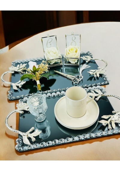 Serenity Gümüş Söz Tepsisi Ve Damat Kahve Fincan Tepsisi Krem Krem