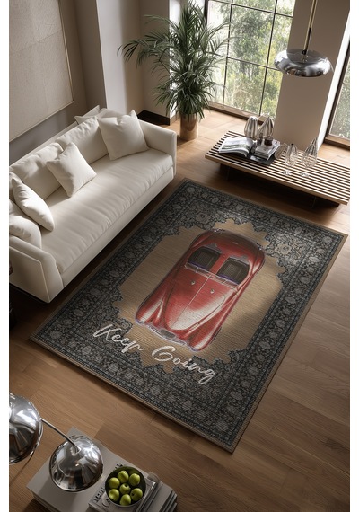 Retro 103 Bej Kırmızı Vintage Retro Araba Keep Going Yazılı Tasarım Halı Salon Oturma Ev Oda Halısı