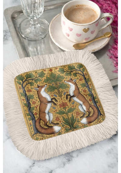 Lüks Vintage Tilki Temalı Saçaklı Kahve Yanı Sunum Peçetesi-doğal Flora Bohem Bardak Altlığı Mendil Çok Renkli